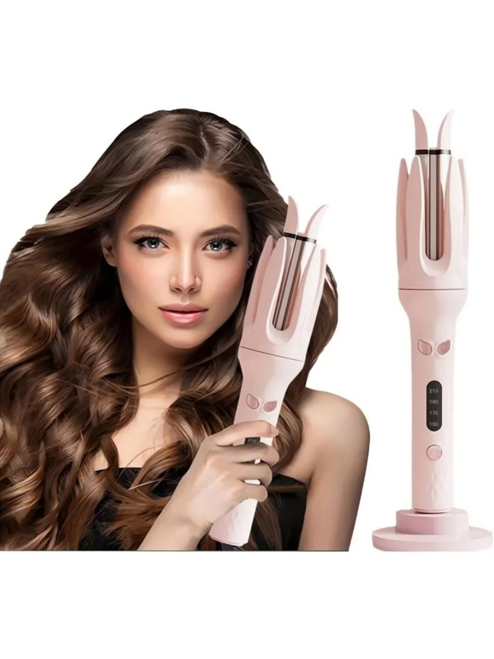 Automatic Rotating Curling Iron - 28mm, 4 Heat Settings, Anti-Tangle Wand, Pink